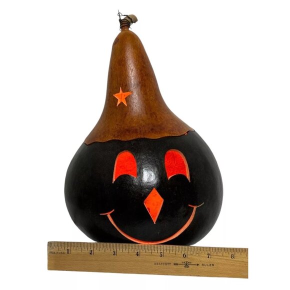 Vintage Gourd Lighted Orange & Black Pumpkin Halloween Hand Carved Folk Art Fall - Picture 11 of 13